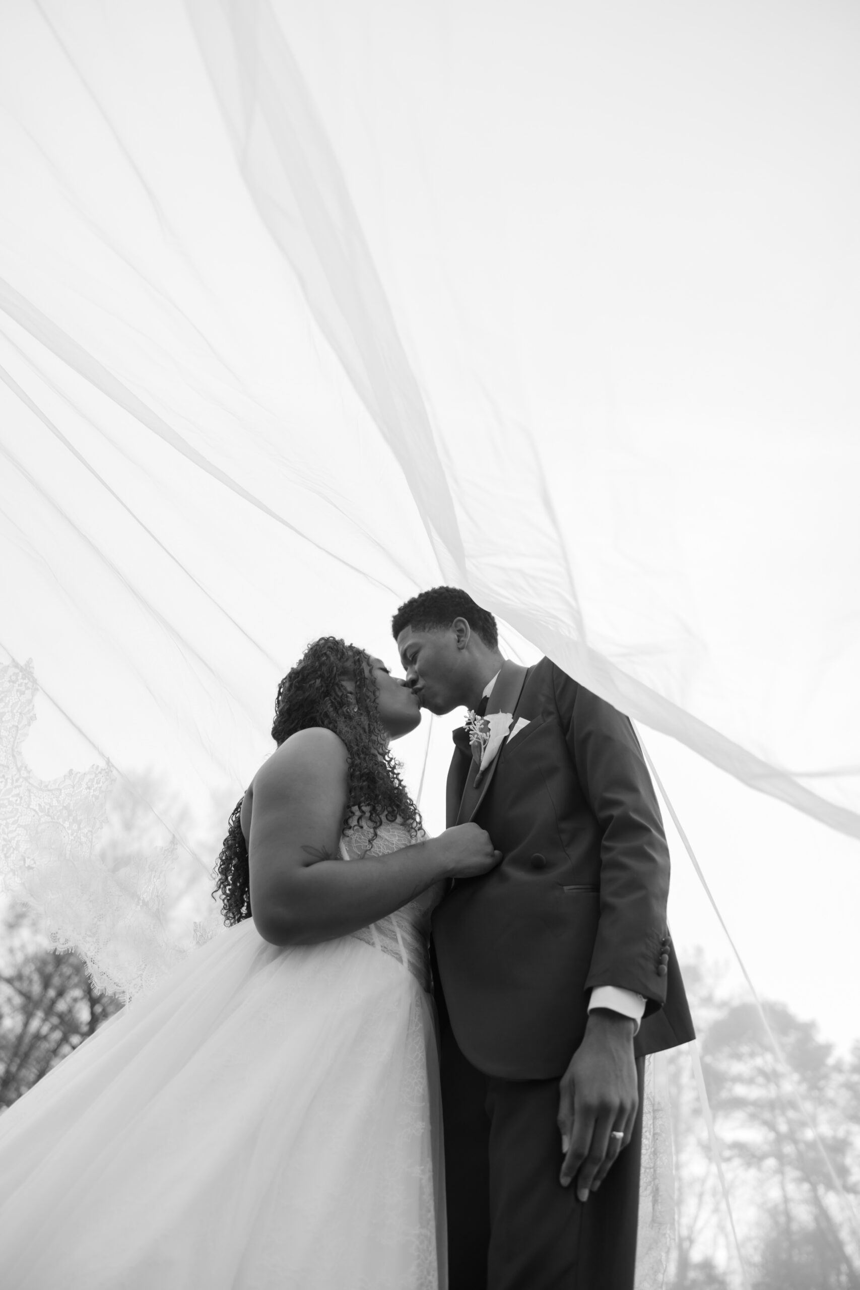 A black and white portrait of a bride and groom kissing beneath her flowing veil.